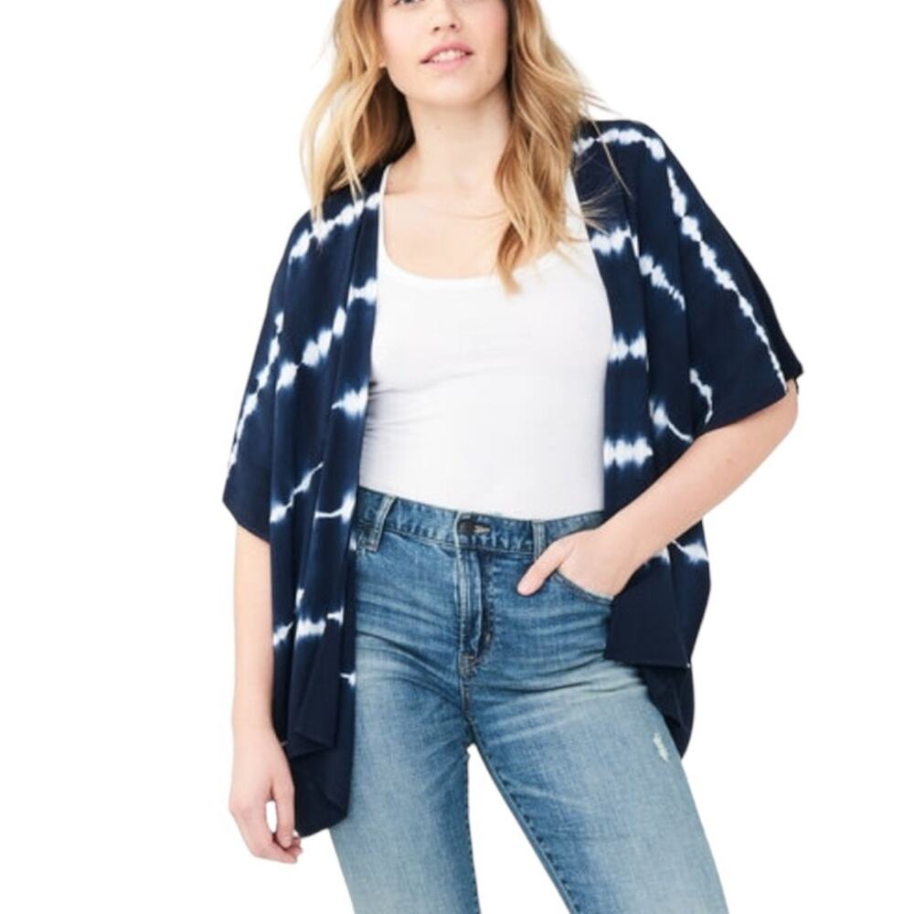 Aeropostale Tie-Dye Navy and White Rayon Flowy Kimono 1/2 Sleeves One Size